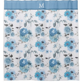 Cortina Para Box Padrão Floral Monograma de Borda Azul