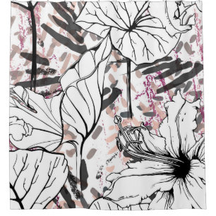 Cortina Para Box Padrão Floral Preto e Branco Invisível. Ar Moderno