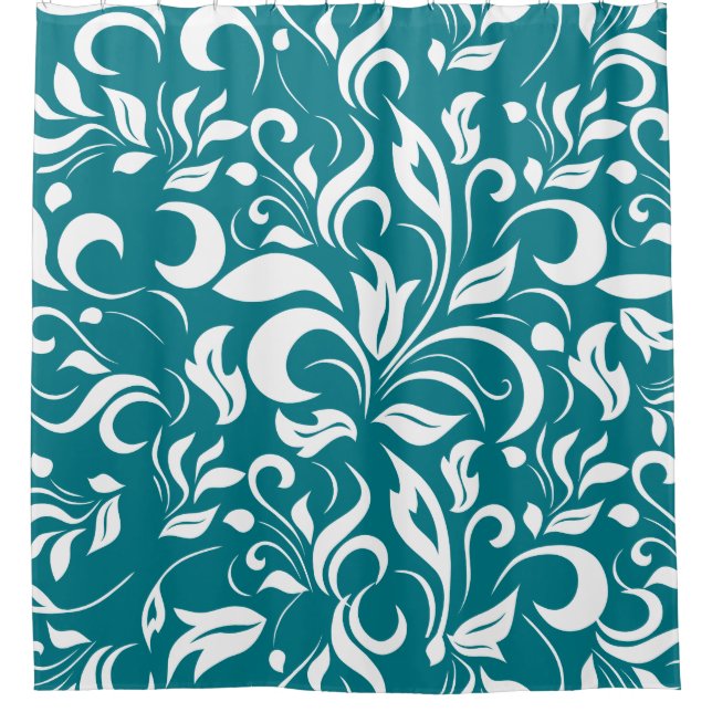 Cortina Para Box Padrão Floral Verde Azul e Branco (Frente)
