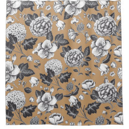 Cortina Para Box Padrão Floral Vintage Bege e Cinza