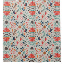 Padrão folclórico vermelho colorido de aves azuis 