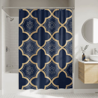 Cortina Para Box Padrão Geométrico Quatrefoil Marroquino Azul Marin