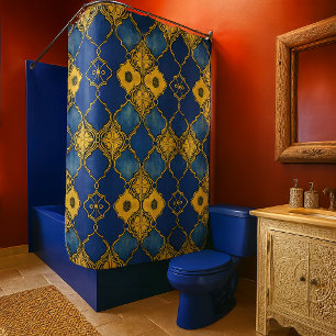 Cortina Para Box Padrão Marroquino Quatrefoils Azul Cobalto Dourado