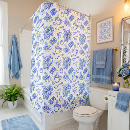 Cortina Para Box Padrão Moderno de Toile Azul Cacao e Chocolate