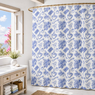 Cortina Para Box Padrão Moderno de Toile Azul Cacao e Chocolate