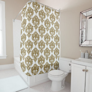 Cortina Para Box Padrão Moderno Dourado e Branco Chic Damask com Br