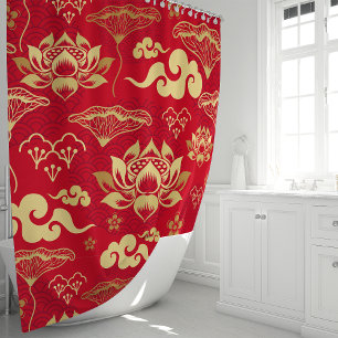 Cortina Para Box Padrão Oriental Floral Lótus Vermelho e Dourado