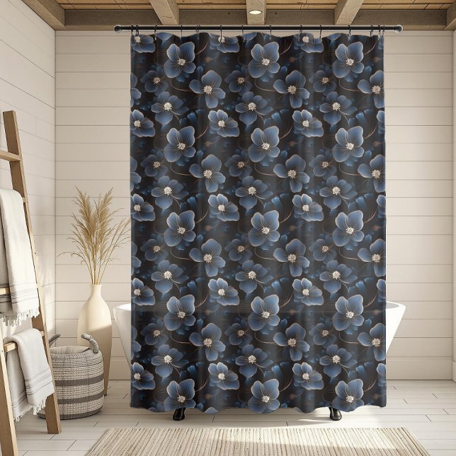 Cortina Para Box Padrão Romântico azul floral sem costura (Romantic Dark Blue Floral Seamless Pattern Shower Curtain)
