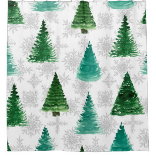 Cortina Para Box Padrão sem costura com abetos e flocos de neve. W