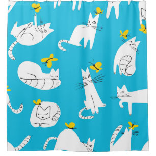 Cortina Para Box Padrão sem costura com gatos engraçados brincand
