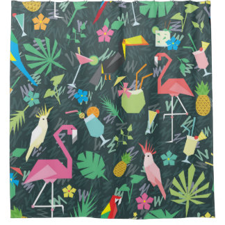 Cortina Para Box Padrão tropical sem costura com aves e bebidas 1