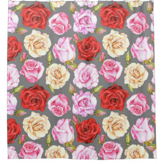 Cortina Para Box Padrão uniforme de aquarela com rosas. Sem costura