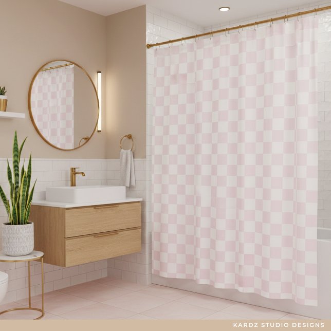 Cortina Para Box Padrão Xadrez Moderno Rosa Branco (Criador carregado)