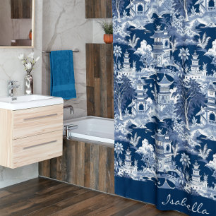 Cortina Para Box Paisagem Asiática Chinoiserie Paisagem Azul Branco