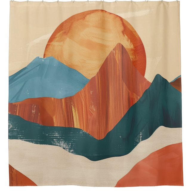 Cortina Para Box Paisagem de Boho Abstrato Mountain com Sol (Frente)