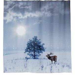 Cortina Para Box Paisagem de inverno de cor azul. árvore solitário