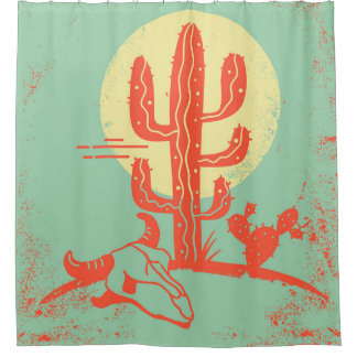 Cortina Para Box Paisagem do deserto com Cactus e crânio de vaca. V