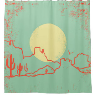 Cortina Para Box Paisagem do Deserto Vintage com Cactus e Canyon.