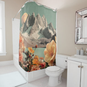 Cortina Para Box Paisagem Montanhosa Surrealista Com Flores Em Flor