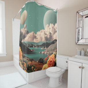 Cortina Para Box Paisagem Montanhosa Surrealista com Planetas e Nuv