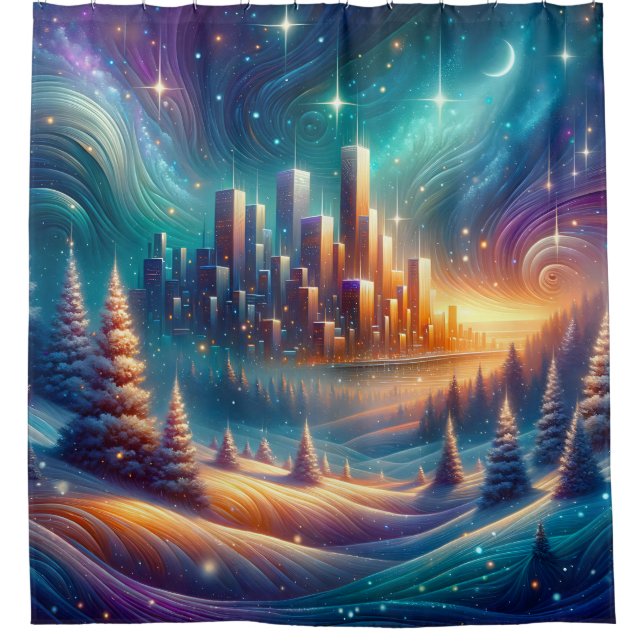 Cortina Para Box "Paisagem Neve Sob Céu Estrelado" (Frente)