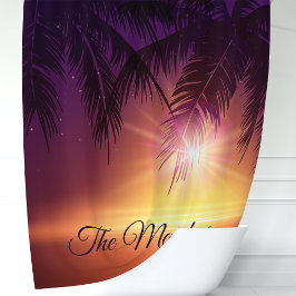 Cortina Para Box Palmeiras Tropicais Pôr do Sol Roxo Monograma Famí