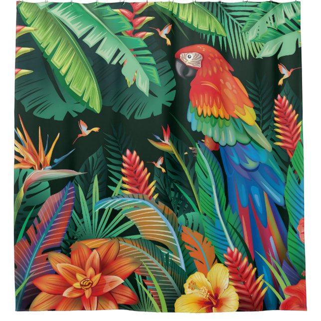 Cortina Para Box Papagaio Tropical: Fundo Floral Exótico. (Frente)