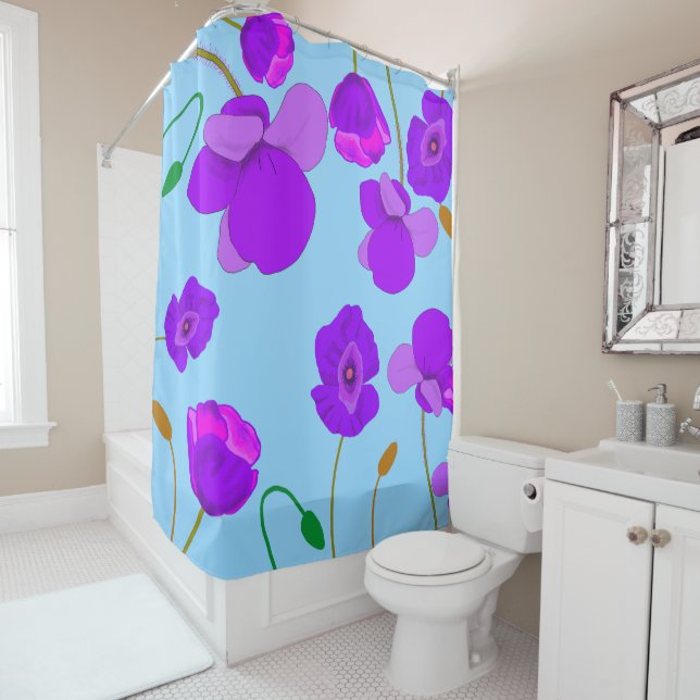 Cortina Para Box Papaver Poppy Lilac sobre fundo azul pálido (In Situ)