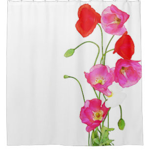 Cortina Para Box Papoilas brancas cor-de-rosa vermelhas da aguarela