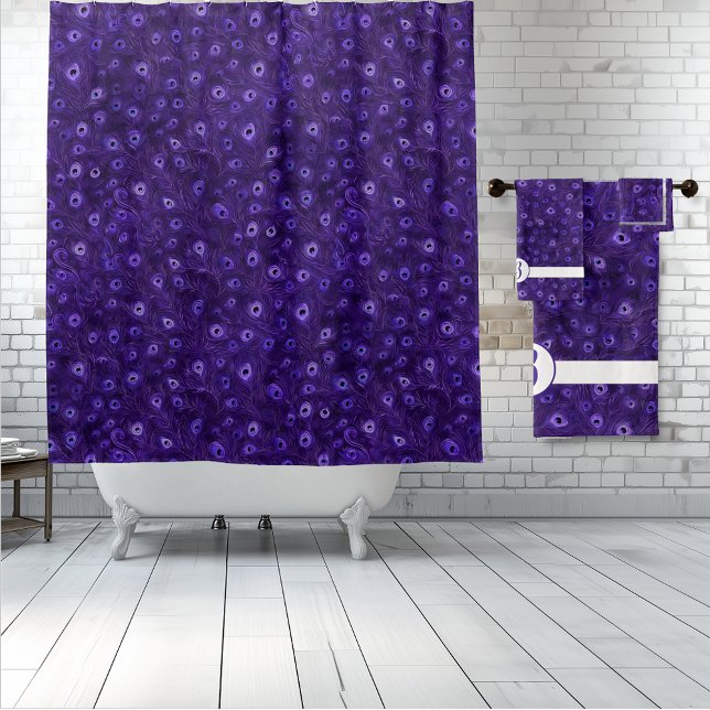 Cortina Para Box Paraíso de Peacock Roxo (Purple Peacock Paradise shower curtain and matching monogram towel set.)