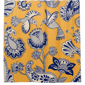 Cortina Para Box Pássaros Paisley Flores Padrão de Vintagem