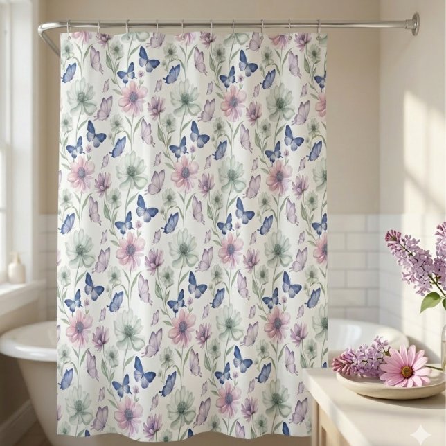 Cortina Para Box Pastel Botanical Floral Butterfly  (Pastel botanical floral butterfly shower curtain)