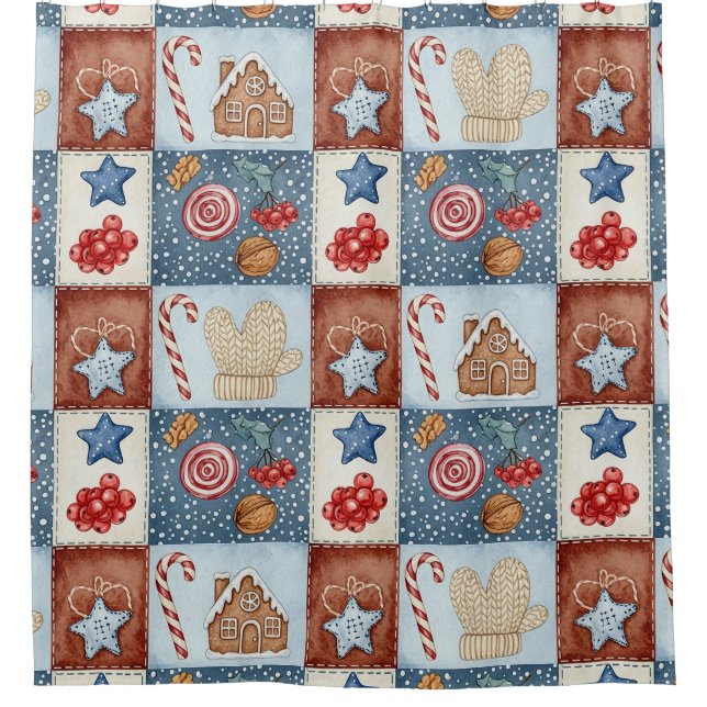 Cortina Para Box Patchwork de Natal de Inverno Aconchegante (Frente)