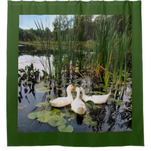 Cortina Para Box Patos brancos, almofadas de lírios, cattails, cost