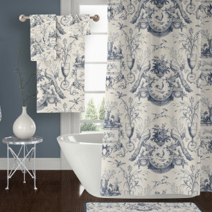 Cortina Para Box Pavão Vintage Toile Francês Azul Galo e Coelho