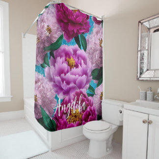 Cortina Para Box Peônias Rosa em Aquarela com Nome Personalizado