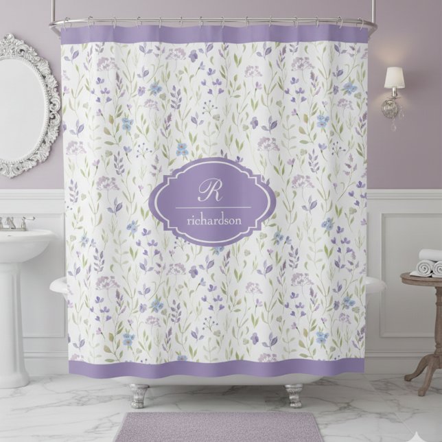 Cortina Para Box Personalized Purple Floral Monogram (elegant classic personalized purple wildflower lavender garden shower curtain with custom monogram)