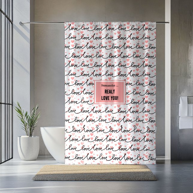 Cortina Para Box Personalized Valentine Shower Curtain Pink Black   (Personalized Wedding Shower Curtain Pink Black Hearts)