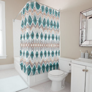 Cortina Para Box Pêssego Teal Pale Cinza Chevron Diamond Padrão