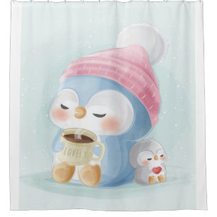 Cortina Para Box Pinguim de desenho animado Pinguim bonito com nev