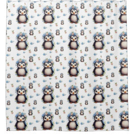 Cortina Para Box Pinguins de Aquarela Padrão em Branco