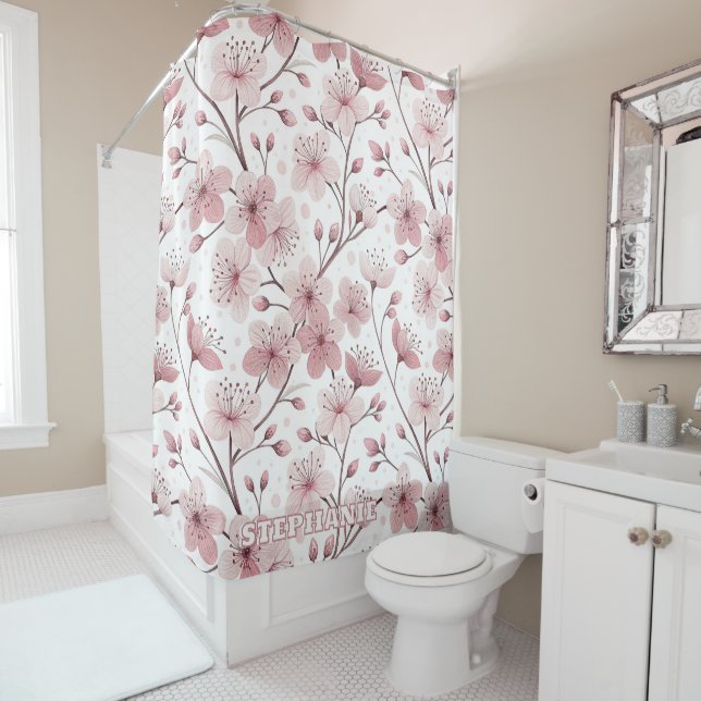 Cortina Para Box Pink Cherry Blossom Sakura Pattern on White (2) (In Situ)
