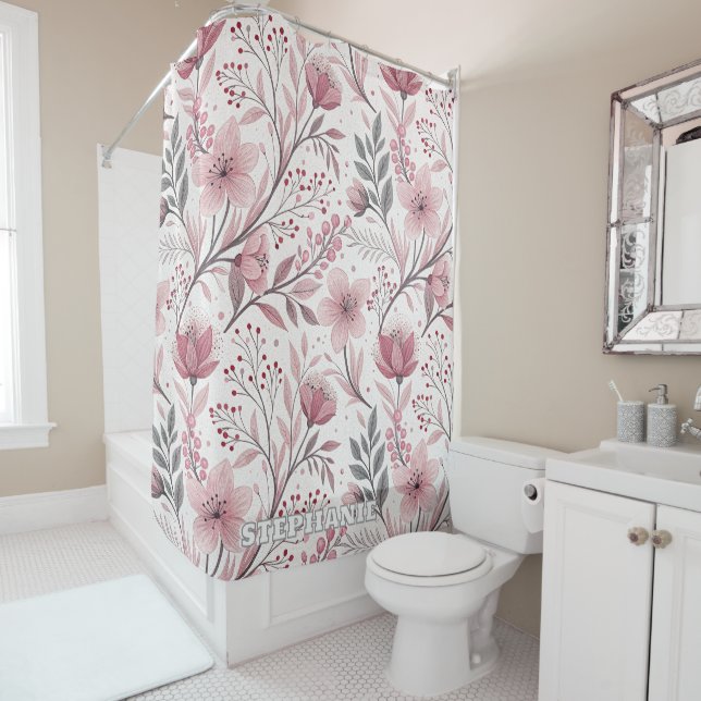Cortina Para Box Pink Cherry Blossom Sakura Pattern on White (3) (In Situ)