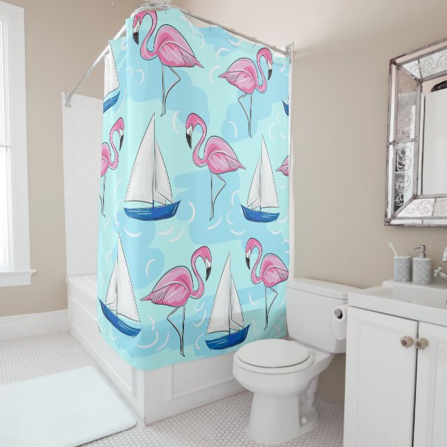 Cortina Para Box Pink Flamingo Blue Sailboat Preppy (In Situ)