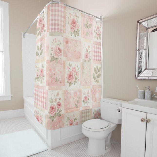 Cortina Para Box Pink Pastel Floral & Gingham Quilt Patchwork (In Situ)