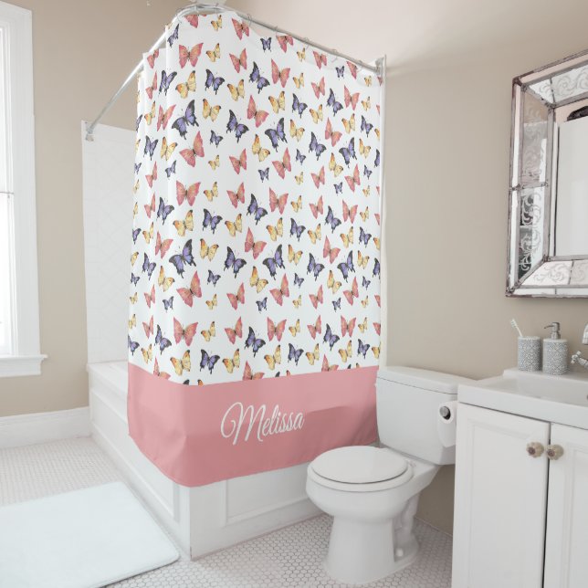 Cortina Para Box Pink Purple Butterflies Monogram Name (In Situ)