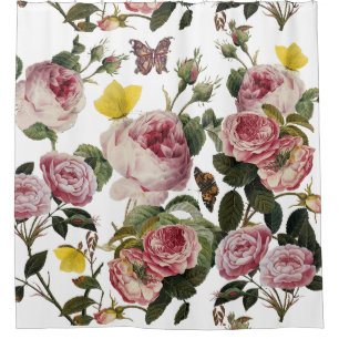 Cortina Para Box PINK ROSES E MANTEIRAS AMARELAS White Floral