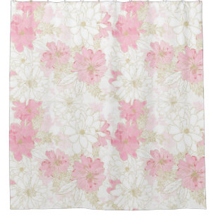 Cortina Para Box Pintor Floral Dourado e Rosa Elegante