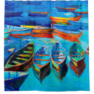 Cortina Para Box pintura a óleo de barcos e mar na canvas. Sunset