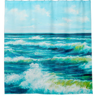 Cortina Para Box pintura a óleo mostrando ondas no oceano ou no ma